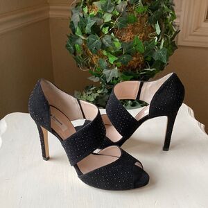 L.K. Bennett London Alondra Crystal Black Heeled Sandals Size 9.5 Made in Italy